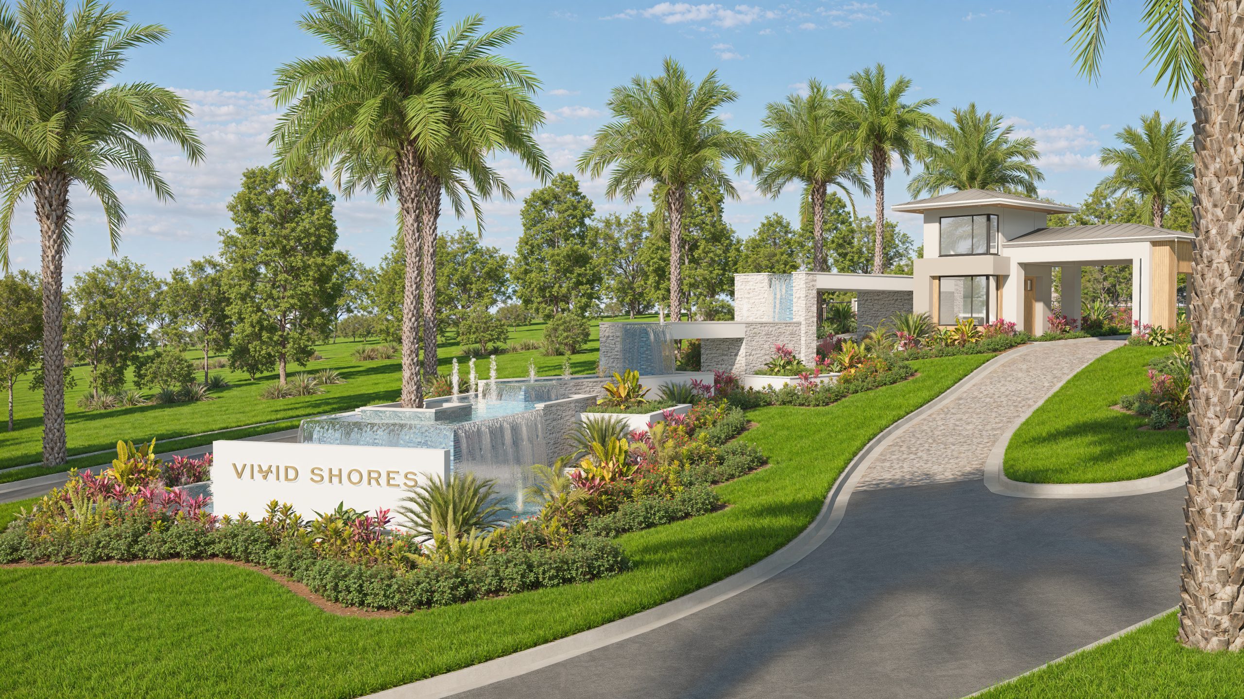Vivid Shores gated lakefront community entrance, Bonita Springs FL