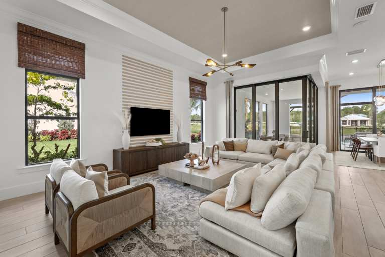 Brixton great room with open floor plan and lake views
